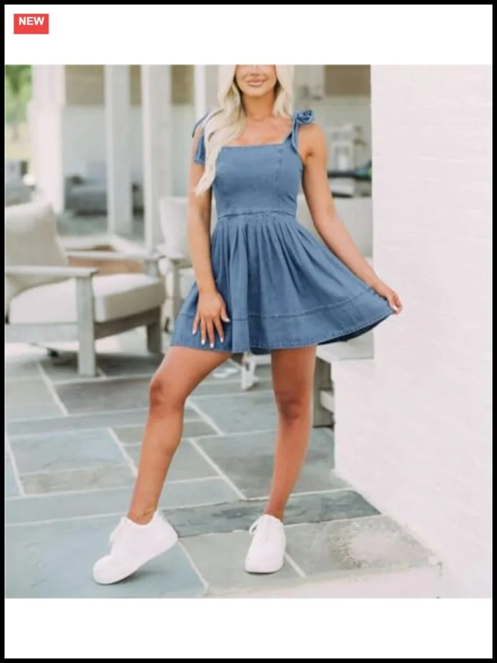 Tie Shoulder Sleeveless Denim Mini Dress Casual Flowy Swing Pleated - Picture 3 of 4